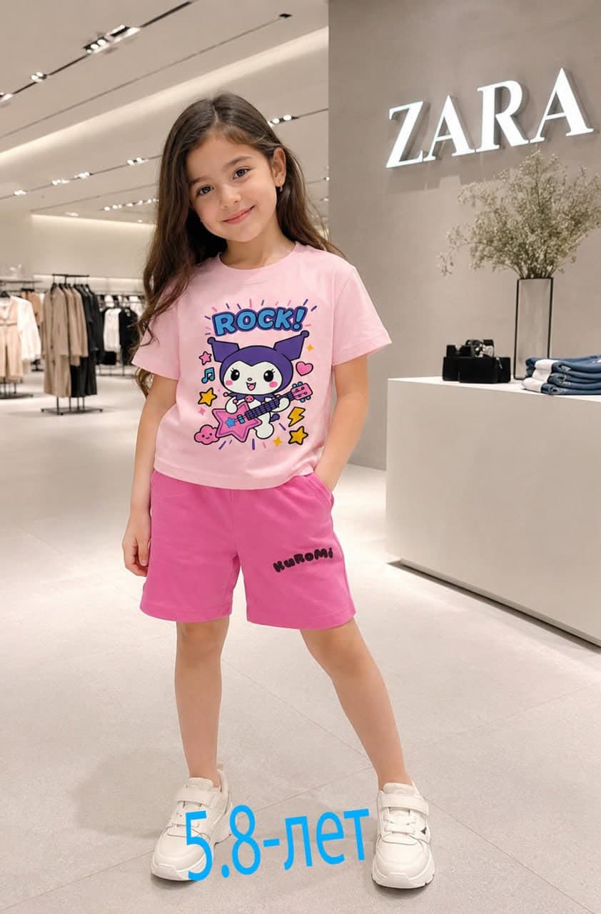 Детский розовый комплект для девочки ZARA с принтом Kuromi Rock (5-8 лет)